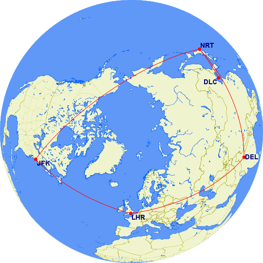 Eastbound route, courtesy of Great Circle Mapper