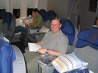 Alex on the 747 - Business Class Baby!